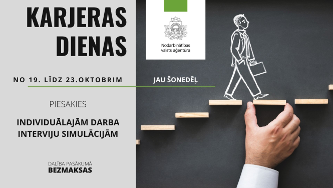 Stilizētas kāpnes, uz kurām uzzīmēts ejošs cilvēks, roka ar baltu piedurkni, teksts, NVA un Eiropas Savienības logo