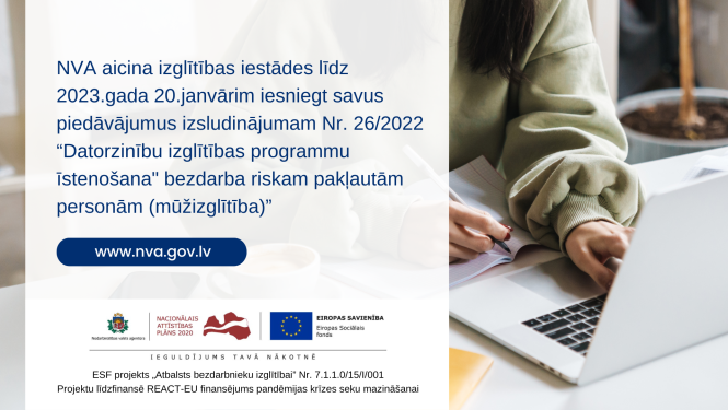 NVA un ESF logo, tekstuāls saturs, fons: darbs ar datoru