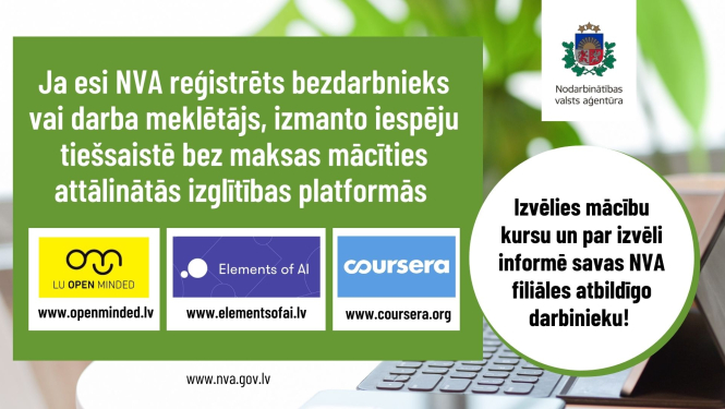 Teksts, NVA logo, klēpjdators, logo Open Minded, logo coursera, logo elementsofai 