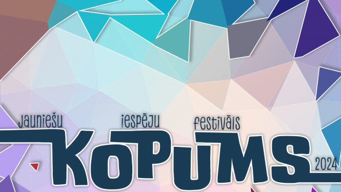 Afiša ar daudzkrāsainiem ģeometriskiem rakstiem fonā un tekstu "Jauniešu iespēju festivāls KOPUMS 2024"