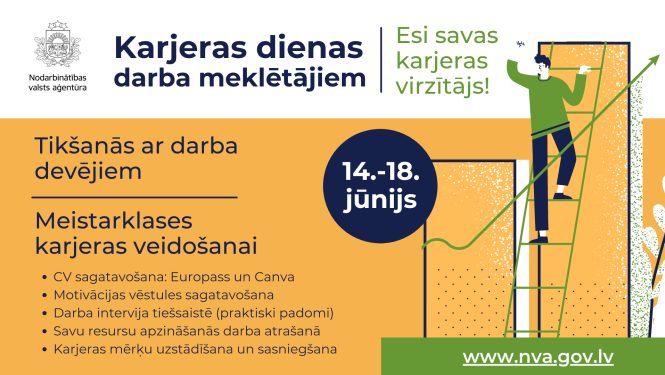 NVA logo, teksts, ilustrācijā: cilvēks uz kāpnēm 