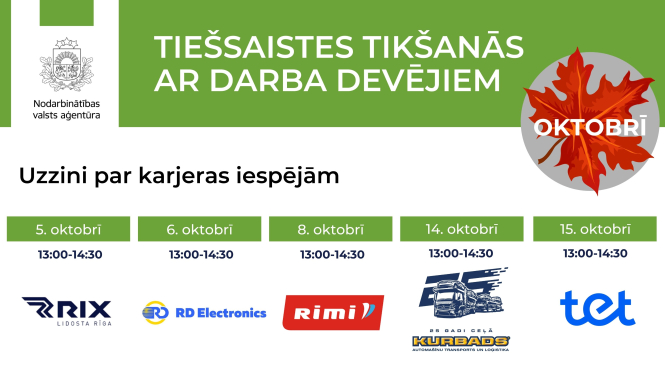 Logo: NVA, RIX, RD Electronics, Rimi Latvia, Kurbads un Ko, Tet. Teksts.