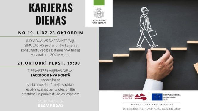 Stilizētas kāpnes, uz kurām uzzīmēts ejošs cilvēks, roka ar baltu piedurkni, teksts, NVA un Eiropas Savienības logo