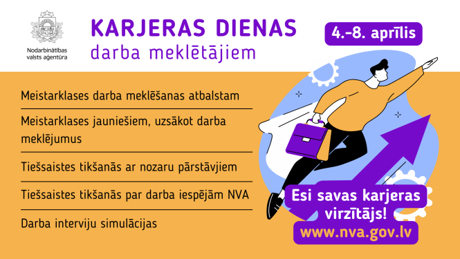 NVA logo, tektuāls saturs, zīmējums: cilvēks lido veidot karjeru