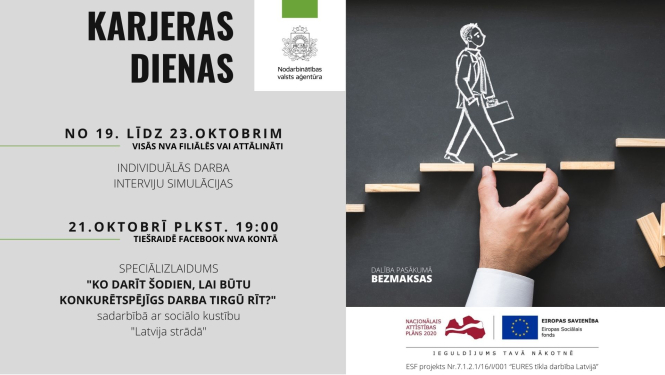 Stilizētas kāpnes, uz kurām uzzīmēts ejošs cilvēks, roka ar baltu piedurkni, teksts, NVA un Eiropas Savienības logo