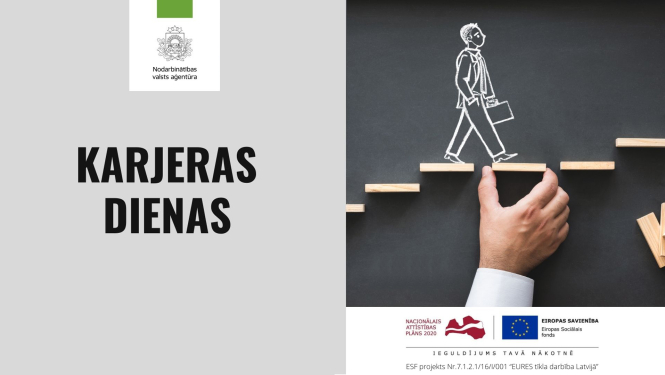 Stilizētas kāpnes, uz kurām uzzīmēts ejošs cilvēks, roka ar baltu piedurkni, teksts, NVA un Eiropas Savienības logo