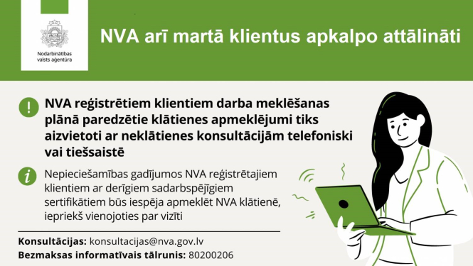 NVA logo, teksts un ilustrācija: darbinieks ar datoru