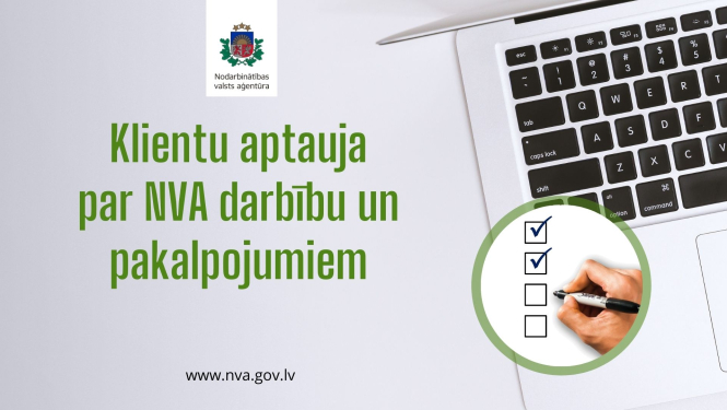 NVA logo, teksts, roka ar pildspalvu, klēpjdators