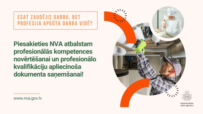Attēls ir sadalīts divās daļās. Pirmajā daļā teksts:Esat zaudējis darbu, bet profesija apgūta darba vidē?  . Otrajā daļā Ilustratīvs attēls. Apraksts zem attēla.