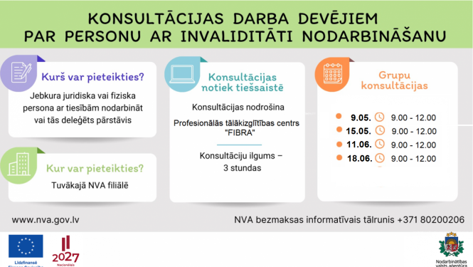 Attēls ir sadalīts divās daļās. Pirmajā daļā teksts: NVA aicina darba devējus pieteikties vajadzīgo darbinieku praktiskai apmācībai. Otrajā daļāl logo. Apraksts zem attēla.