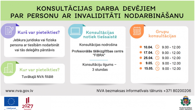 Attēls ir sadalīts divās daļās. Pirmajā daļā teksts: NVA aicina darba devējus pieteikties vajadzīgo darbinieku praktiskai apmācībai. Otrajā daļāl logo. Apraksts zem attēla.
