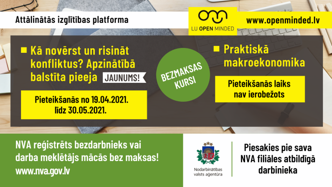 Teksts, NVA logo, taustatūra, roka, pildspalva, logo LU OPEN MINDED