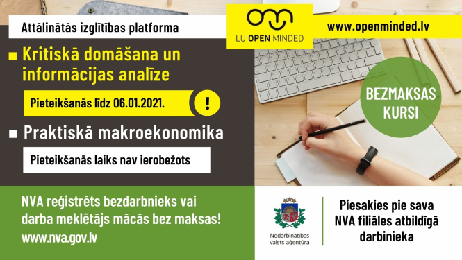 Teksts, NVA logo, taustatūra, roka, pildspalva, logo LU OPEN MINDED