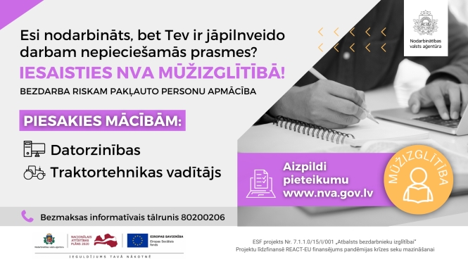 Esi nodarbināts, bet Tev ir jāpilnveido darbam nepieciešamās prasmes? Piesakies datorzinību vai traktortehnikas vadītāju mācību programmu apguvei!
