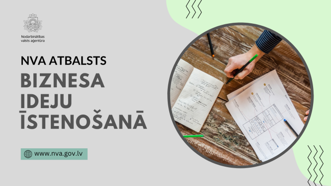 Vizualizācija "NVA atbalsts biznesa ideju īstenošanā": NVA logo, saturs, foto