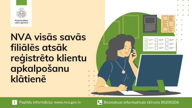 NVA logo, teksts, attēlā: darbs birojā pie datora