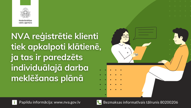 NVA logo, teksts, attēlā: darbs birojā galda