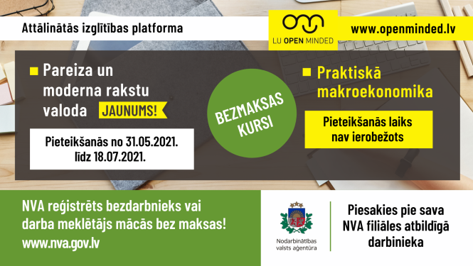 Teksts, NVA logo, taustatūra, roka, pildspalva, logo LU OPEN MINDED
