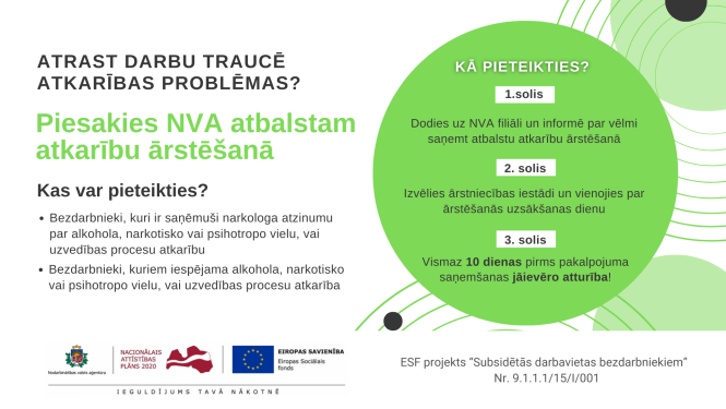 NVA logo, ESF logo, tekstuāls saturs