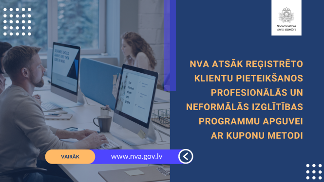 Attēls ir sadalīts divās daļās. Pirmajā daļā fotogrāfija ar mācību procesu. Otrajā daļā teksts un NVA logo.