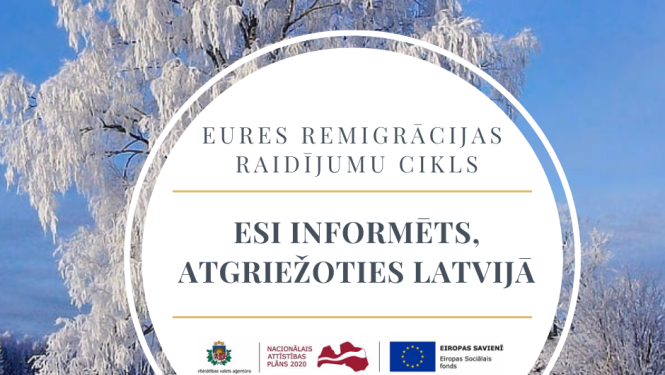 Vizualizācija: ESF un NVA logo, tekstuāls saturs, foto - ziemas ainava