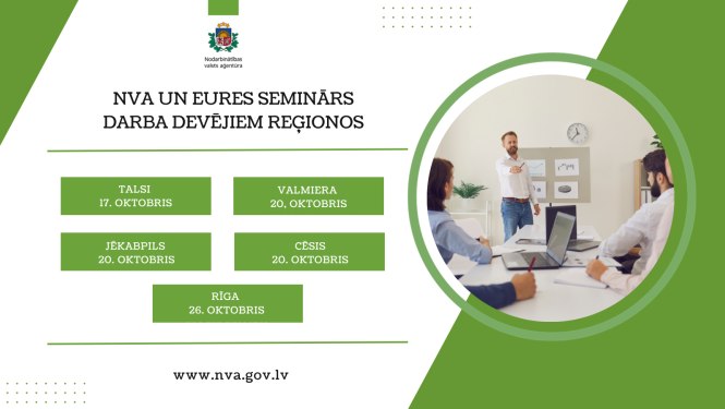 Vizualizācija: Oktobrī NVA rīko piecus reģionālos seminārus  par darba devējiem pieejamo atbalstu un sadarbības iespējām