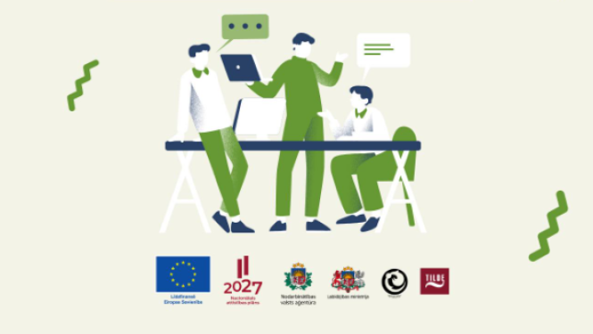 semināra titulbilde, cilvēki stāv/šež pie galda un diskute