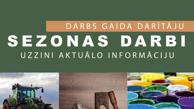 Attēlu kolāža, traktors novāc ražu, redzami būvdarbu instrumenti dažādās krāsās