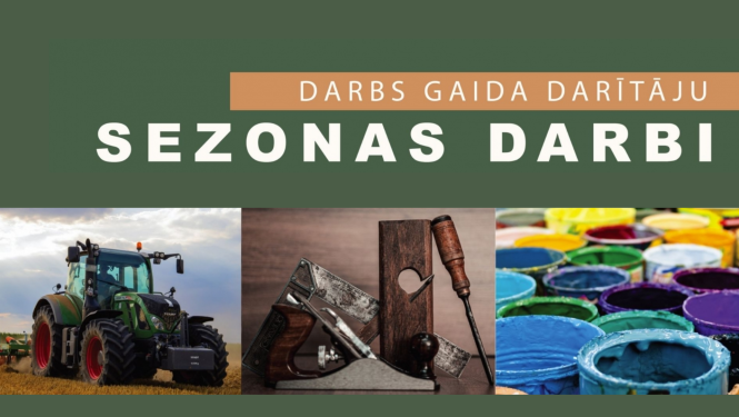 Attēlu kolāža, traktors novāc ražu, redzami būvdarbu instrumenti dažādās krāsās