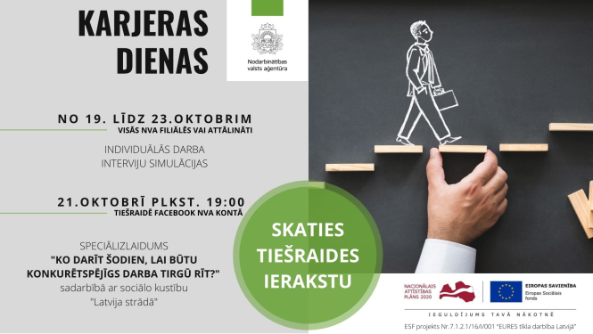 Stilizētas kāpnes, uz kurām uzzīmēts ejošs cilvēks, roka ar baltu piedurkni, teksts, NVA un Eiropas Savienības logo