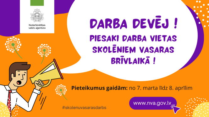 NVA logo, tekstuāls saturs, ilustratīvs attēls: vīrietis ar ruporu