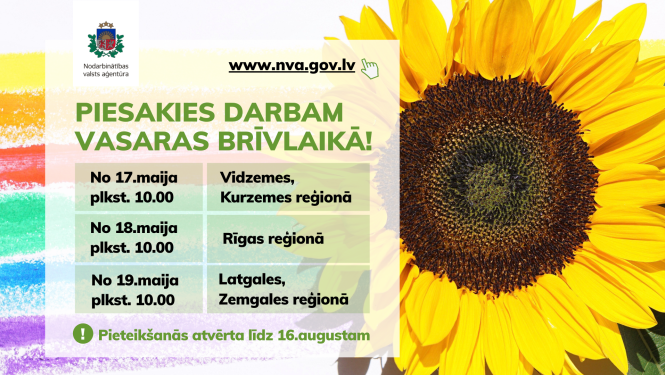 NVA logo, teksts, attēlā: saulespuķe