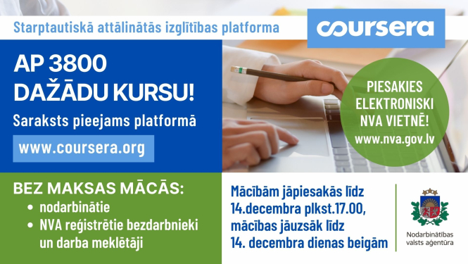 Teksts, NVA logo, klēpjdators, roka, logo Coursera