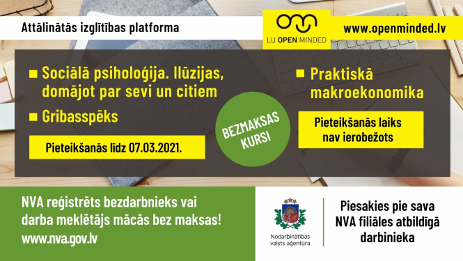 Teksts, NVA logo, taustatūra, roka, pildspalva, logo LU OPEN MINDED