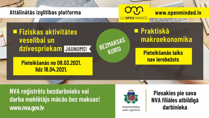 Teksts, NVA logo, taustatūra, roka, pildspalva, logo LU OPEN MINDED