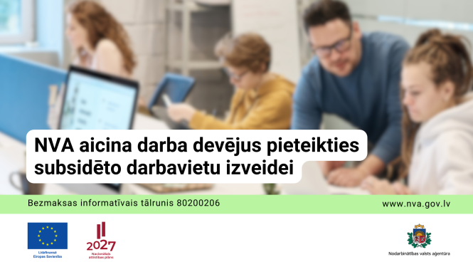 Attēls ir sadalīts divās daļās. Pirmajā daļā fotogrāfija ar biroja darbiniekiem un teksts. Otrajā daļā logo. Apraksts zem attēla.