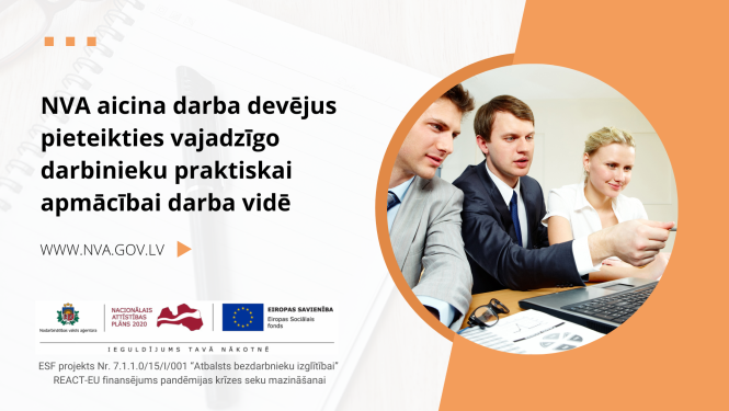 NVA un ESF logo, tekstuāls saturs, foto: praktiskās apmācības pie darba devēja