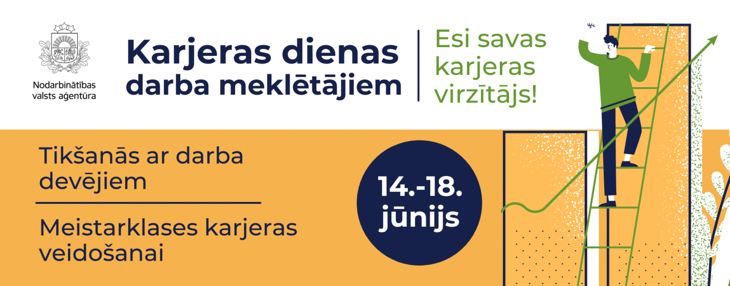 NVA logo, teksts, ilustratīvs attēlā: cilvēks uz trepēm