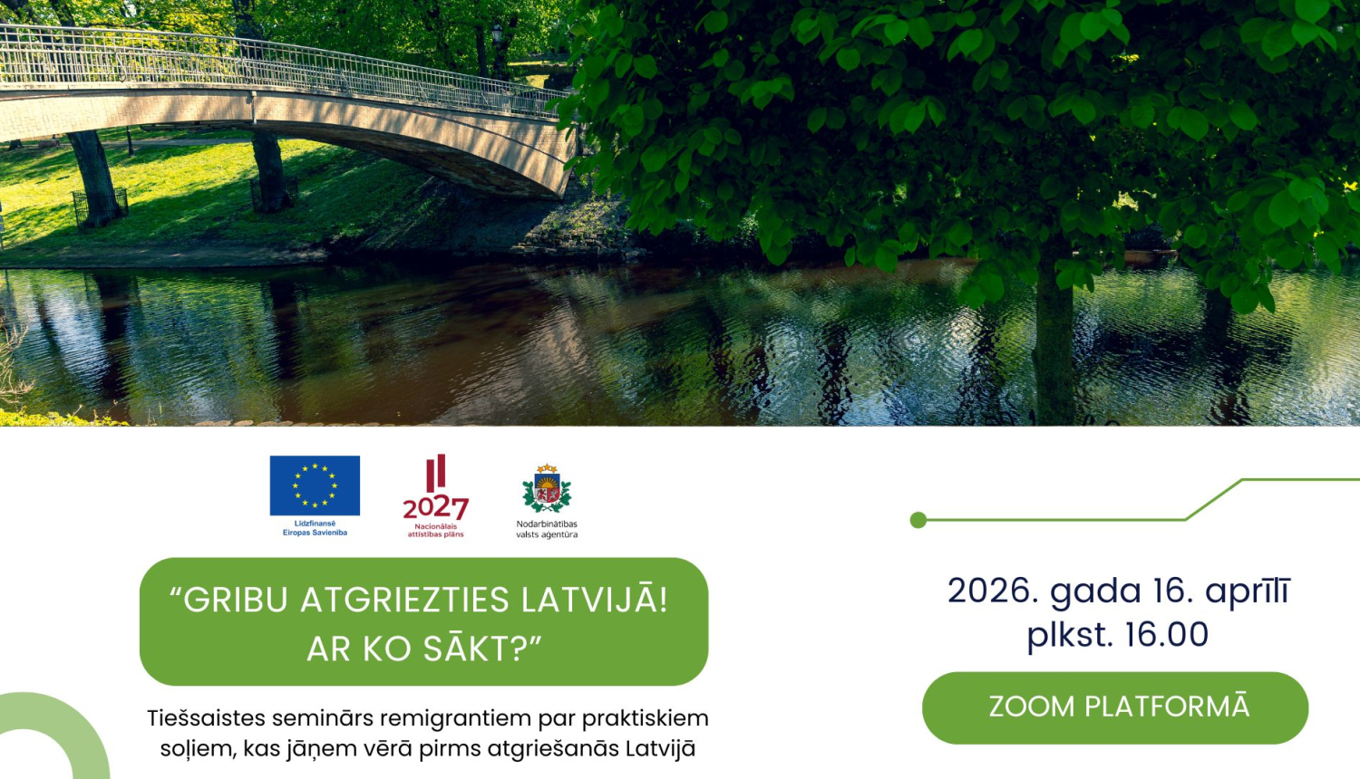 Lapā attēlots skats pār Rīgas kanālu un informācija par semināru