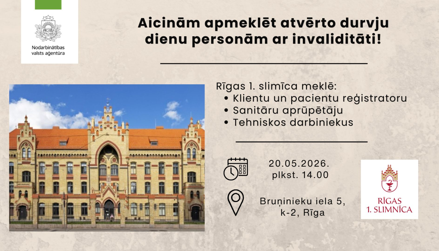 Atvērto durvju diena personām ar invaliditāti Rīgas 1. slimnīcā 20. maijā 