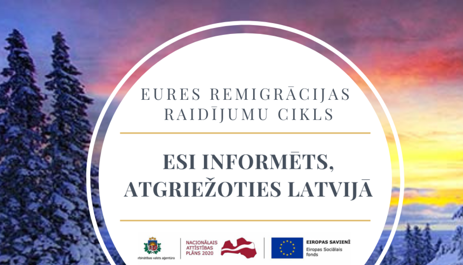 Vizualizācija, ESF un NVA logo, tekstuāls saturs; foto: skaists ziemas mežs