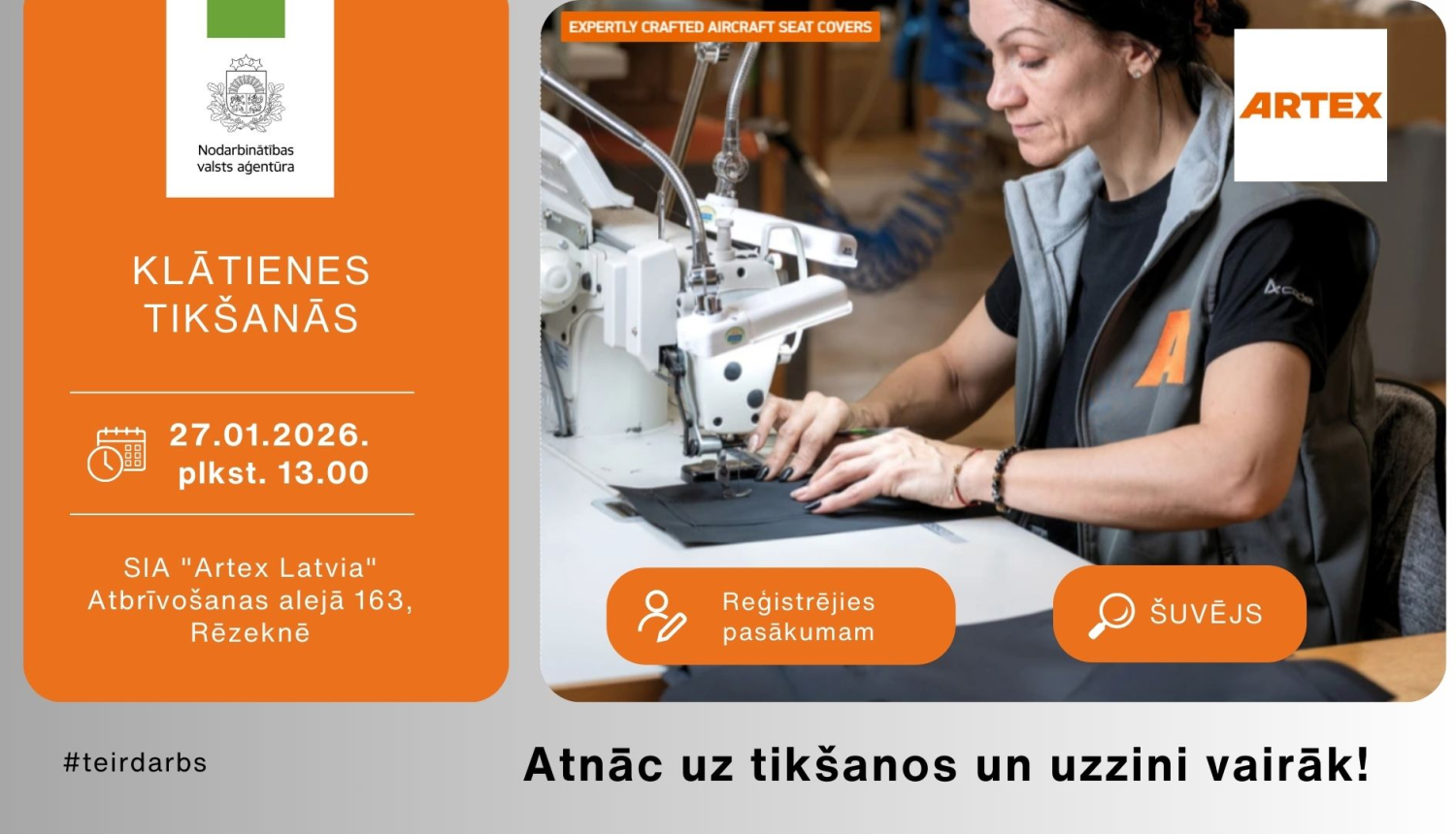 Lapā redzama šuvēja pie šūšanas tehnikas veicot darba pienākumus. Atkārtota informācija par semināra norises vietu un laiku