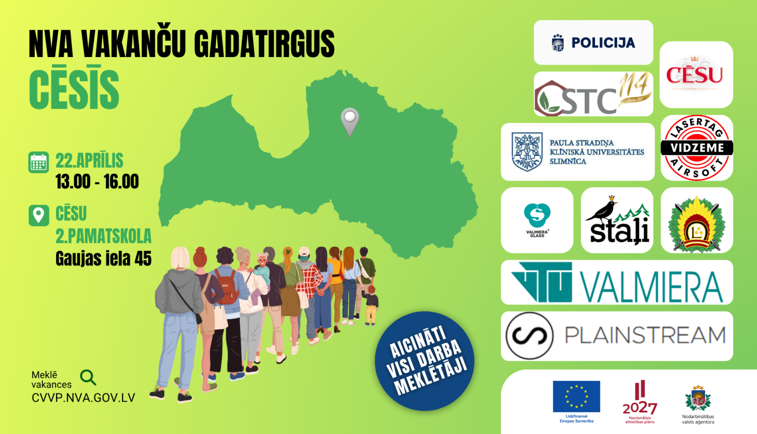 NVA vakanču gadatirgus Cēsīs 22. aprīlī – plakāts uz zaļa fona ar Latvijas karti un uzņēmumu logotipiem.