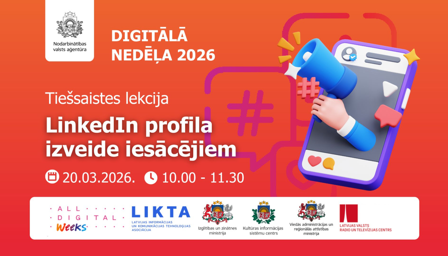 Plakāts par tiešsaistes lekciju “LinkedIn profila izveide iesācējiem” ar attēlu pa labi — tālrunis ar soctīkla ikonām.