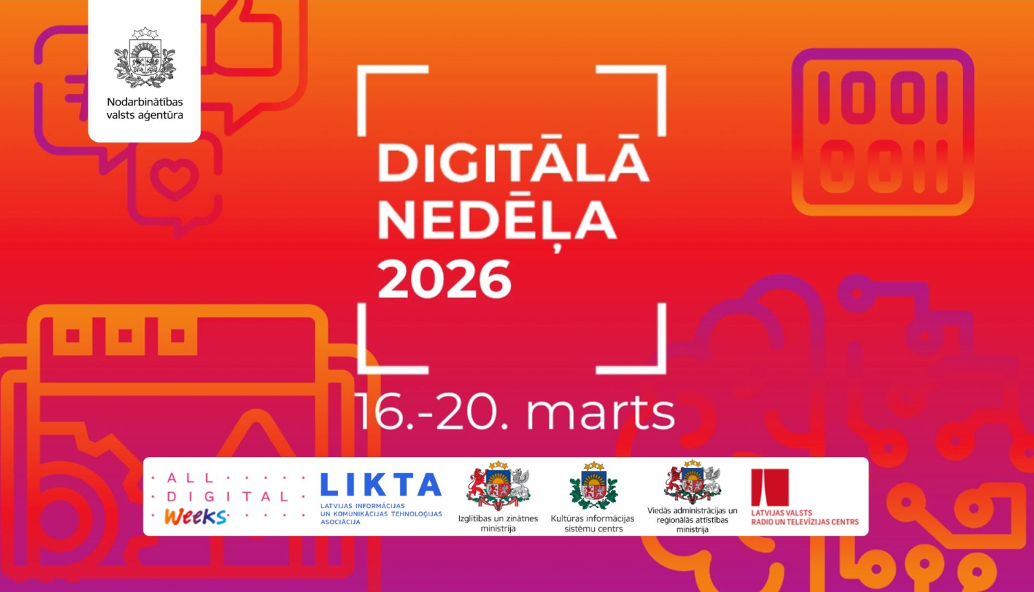 Tehnoloģiju un digitālās vides ikonas uz koša oranži–rozā fona.