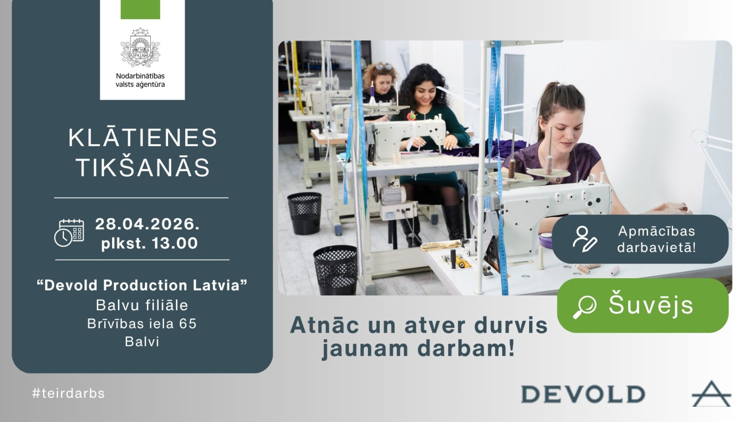 Lapā redzams darbs šušanas uzņēmumā un atkārtota informācija par tikšanos