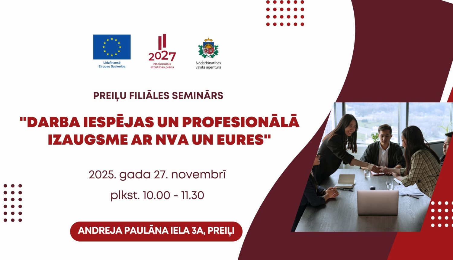 Lapā attēloti cilvēki, kuri risina darba sarunas pie galda, kā arī atkārtota par semināru publicētā informācija