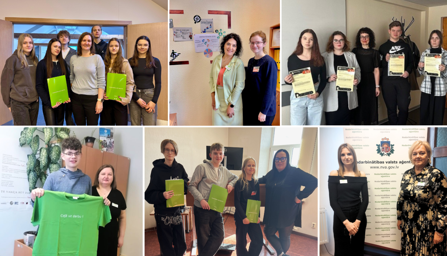 Foto kolāža. Jauniešu dalība Ēnu dienā Nodarbinātības valsts aģentūrā – iepazīstot karjeras iespējas un darba vidi. 
