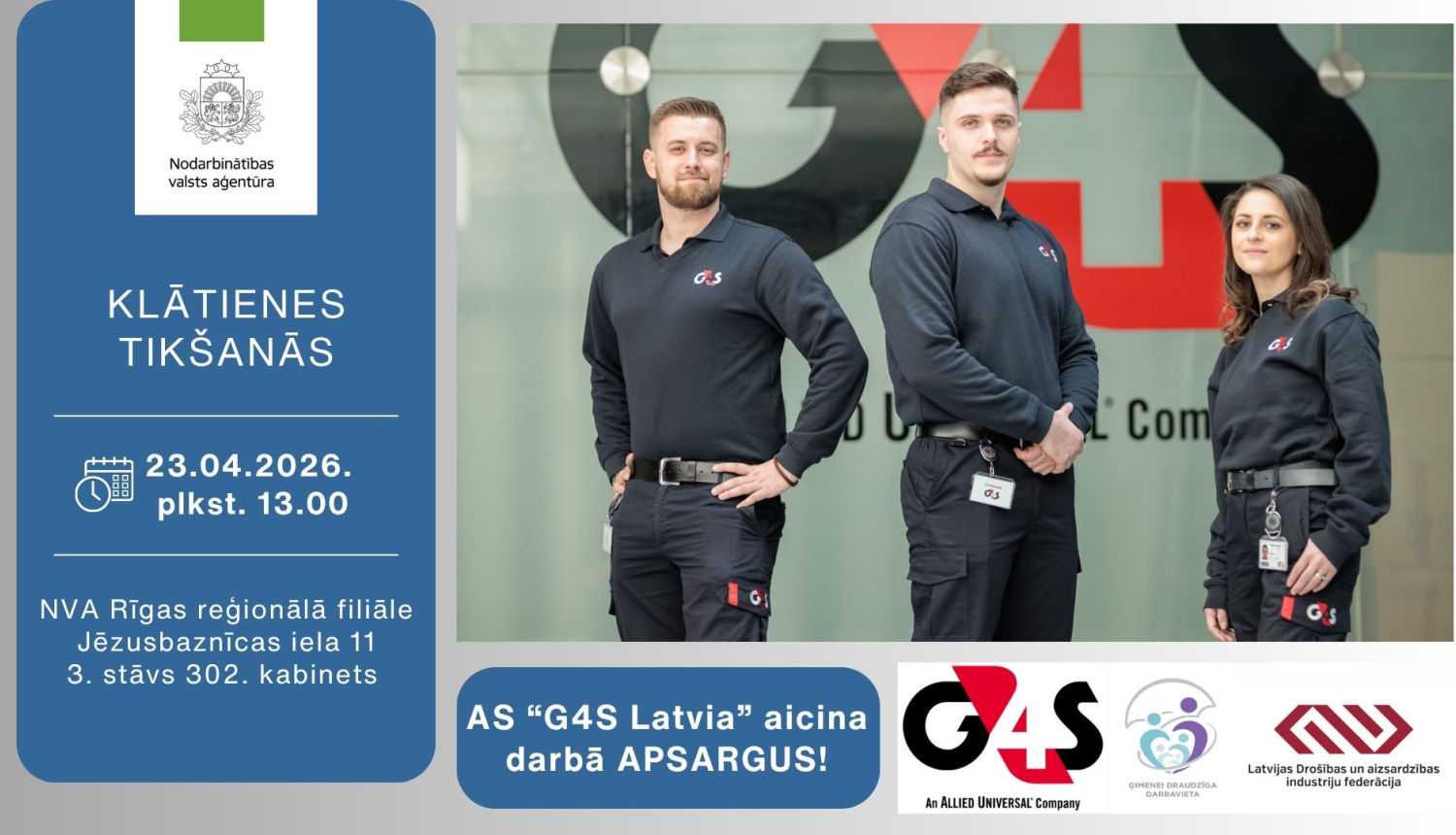 Informācija darba meklētājiem par klātienes tikšanos ar uzņēmumu G4S 23. aprīlī