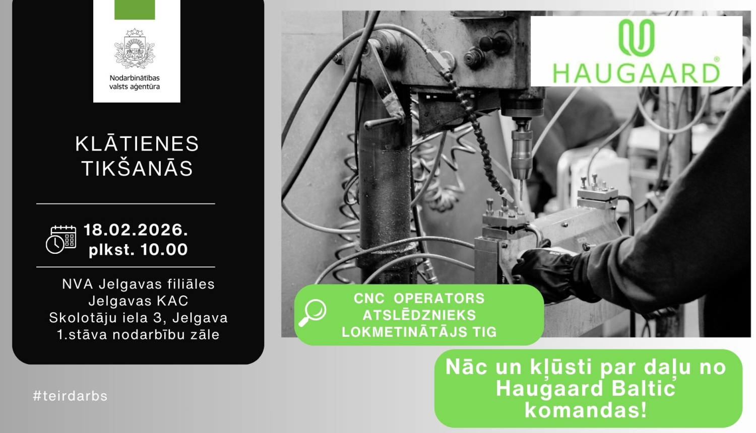 Plakāts, attēlā redzams darbs ar metālapstrādes darbagaldu un uzņēmuma logo.